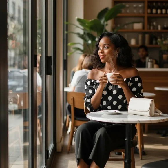Black & White Polka Dot Off-Shoulder Jumpsuit | Size L | Tall Girl Friendly - Picture 15 of 15